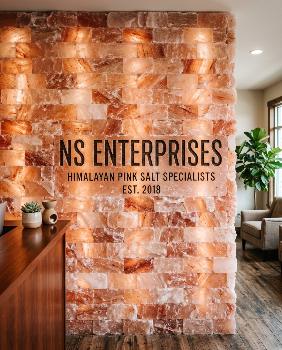 NatCore Enterprises branded Himalayan pink salt brick wall at a reception